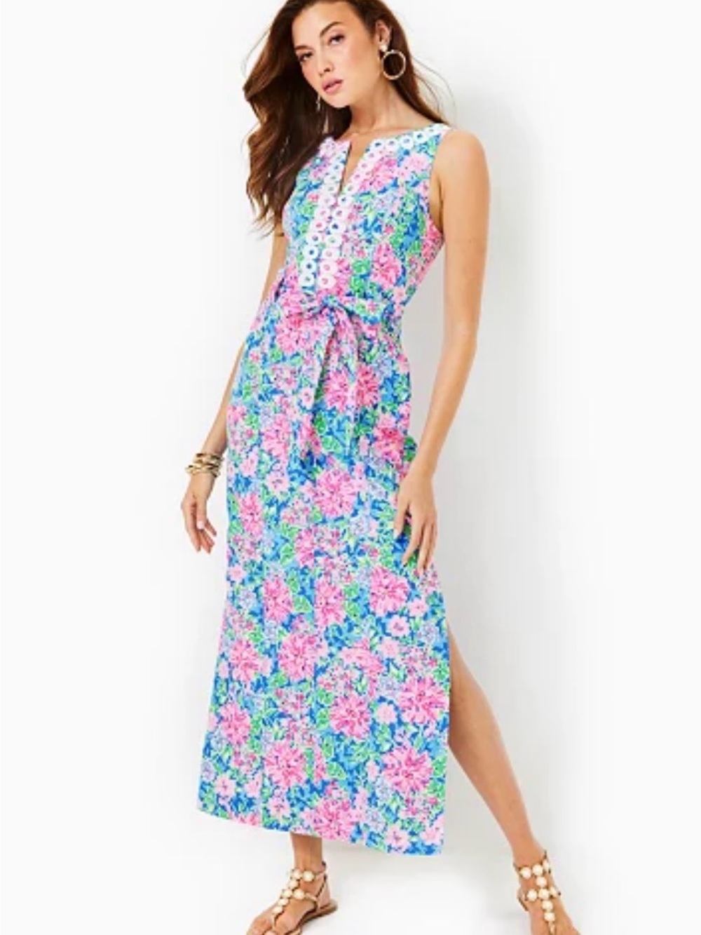 Lilly Pul Floral Tie-Waist Maxi Dress in Pink & Blue “Multi Spring In Your Step”